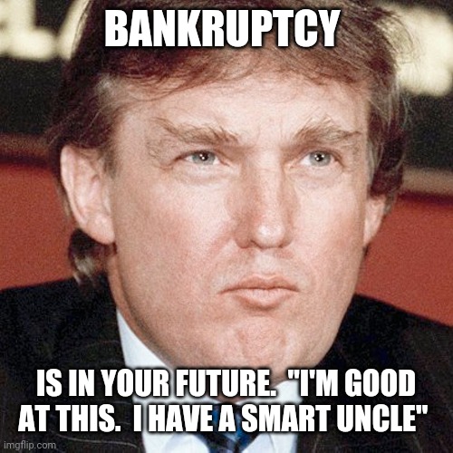 Trump | BANKRUPTCY; IS IN YOUR FUTURE.  "I'M GOOD AT THIS.  I HAVE A SMART UNCLE" | image tagged in donald trump,politics,sad | made w/ Imgflip meme maker