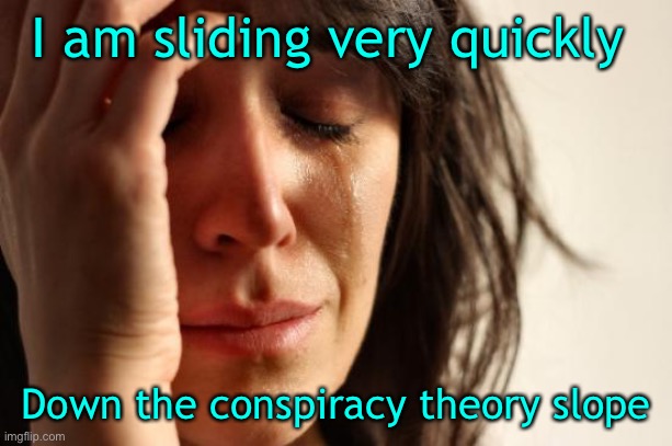 First World Problems Meme | I am sliding very quickly Down the conspiracy theory slope | image tagged in memes,first world problems | made w/ Imgflip meme maker