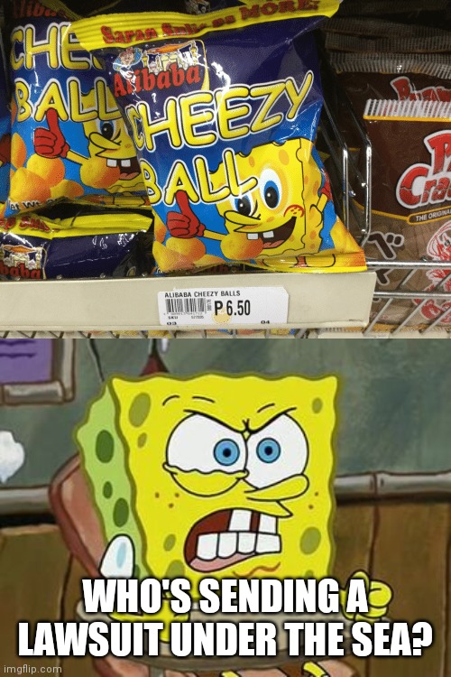 This cheese mascot guy looks like someone I know.... | WHO'S SENDING A LAWSUIT UNDER THE SEA? | image tagged in spongebob,cursed image,chips,cheese balls,memes | made w/ Imgflip meme maker