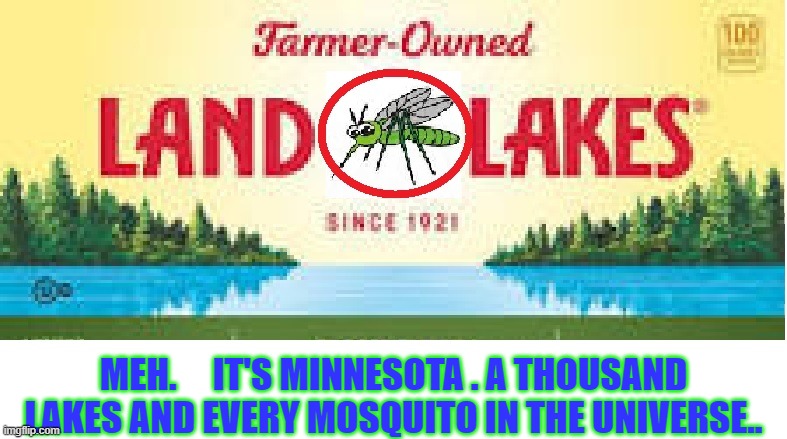 land o lakes new mascott | MEH.     IT'S MINNESOTA . A THOUSAND LAKES AND EVERY MOSQUITO IN THE UNIVERSE.. | image tagged in politacly correct,editorial | made w/ Imgflip meme maker