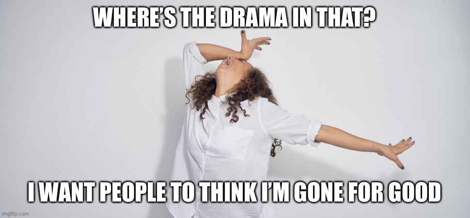 Drama Queen | WHERE’S THE DRAMA IN THAT? I WANT PEOPLE TO THINK I’M GONE FOR GOOD | image tagged in drama queen | made w/ Imgflip meme maker
