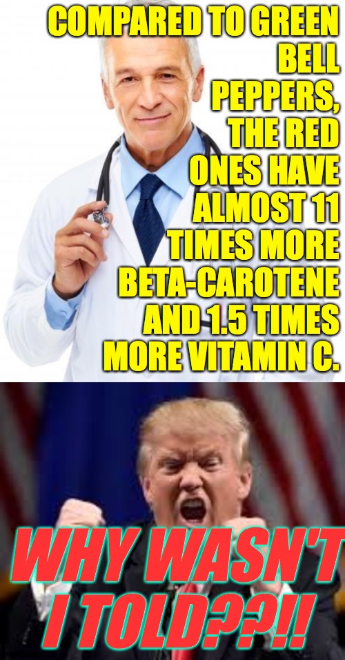 I only just found out myself  ( : | COMPARED TO GREEN
BELL
PEPPERS,
THE RED
ONES HAVE
ALMOST 11
TIMES MORE
BETA-CAROTENE
AND 1.5 TIMES
MORE VITAMIN C. WHY WASN'T I TOLD??!! | image tagged in doctor,trump angry punch,go red,uninformed,memes,so says webmd | made w/ Imgflip meme maker