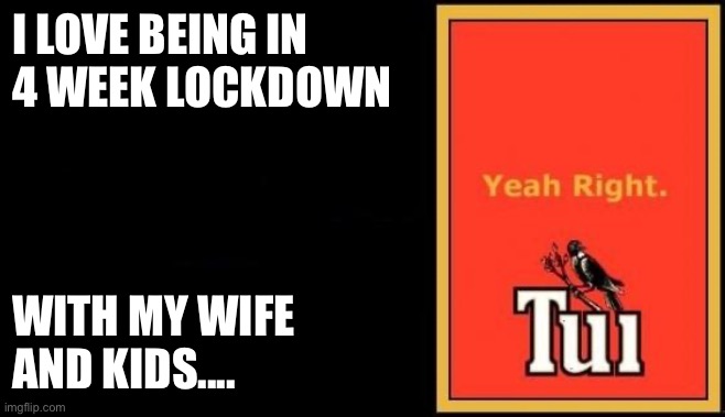 Tui |  I LOVE BEING IN
4 WEEK LOCKDOWN; WITH MY WIFE
AND KIDS.... | image tagged in tui | made w/ Imgflip meme maker