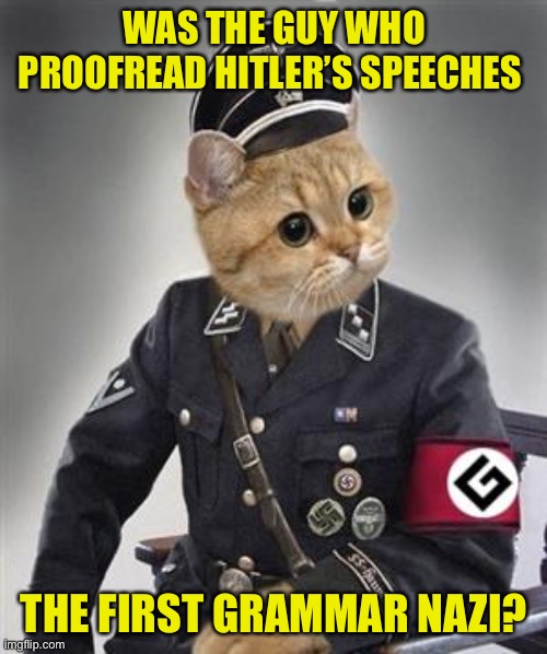 Grammar Nazi | WAS THE GUY WHO PROOFREAD HITLER’S SPEECHES; THE FIRST GRAMMAR NAZI? | image tagged in grammar nazi cat,hitler,deep thoughts | made w/ Imgflip meme maker