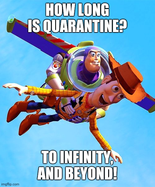 Buzz and Woody | HOW LONG IS QUARANTINE? TO INFINITY, AND BEYOND! | image tagged in buzz and woody | made w/ Imgflip meme maker