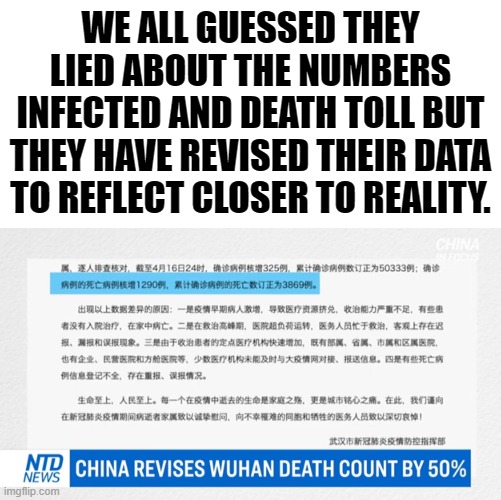 Apparently the revised numbers may equal half the probable real number. Maybe the CCP realised how stupid the old looked. | WE ALL GUESSED THEY LIED ABOUT THE NUMBERS INFECTED AND DEATH TOLL BUT THEY HAVE REVISED THEIR DATA TO REFLECT CLOSER TO REALITY. | image tagged in blank white template,50 percent increase in corona reported deaths from wuhan,50 percent increase in death in wuhan china,corona | made w/ Imgflip meme maker