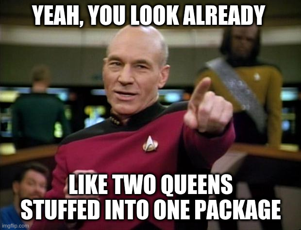 Picard | YEAH, YOU LOOK ALREADY LIKE TWO QUEENS STUFFED INTO ONE PACKAGE | image tagged in picard | made w/ Imgflip meme maker