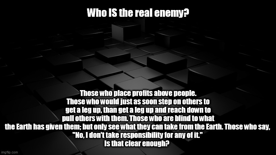 Who IS the real enemy? Those who place profits above people. Those who would just as soon step on others to get a leg up, than get a leg up and reach down to pull others with them. Those who are blind to what the Earth has given them; but only see what they can take from the Earth. Those who say, 
"No, I don't take responsibility for any of it." 
Is that clear enough? | image tagged in responsibility,greed,indifference,fault,enemy | made w/ Imgflip meme maker