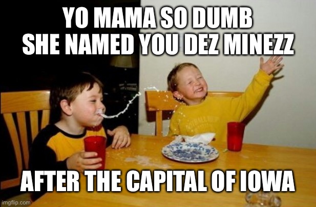 Yo Mamas So Fat Meme | YO MAMA SO DUMB SHE NAMED YOU DEZ MINEZZ; AFTER THE CAPITAL OF IOWA | image tagged in memes,yo mama,dumb,iowa,name,capital | made w/ Imgflip meme maker
