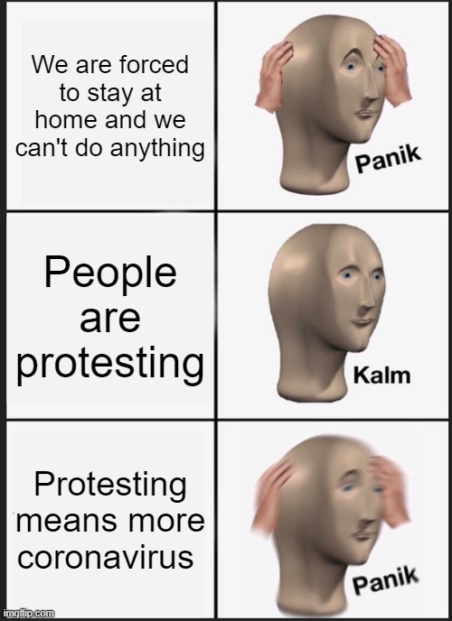 Seriously guys think about it | We are forced to stay at home and we can't do anything; People are protesting; Protesting means more coronavirus | image tagged in memes,panik kalm panik | made w/ Imgflip meme maker