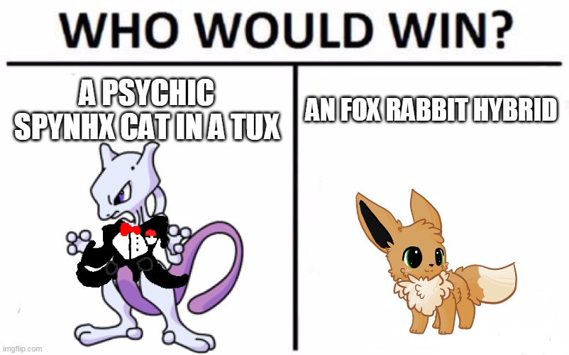 Who Would Win? | A PSYCHIC SPYNHX CAT IN A TUX; AN FOX RABBIT HYBRID | image tagged in memes,who would win | made w/ Imgflip meme maker