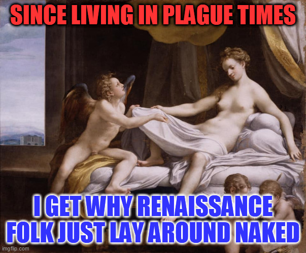 renaissance | SINCE LIVING IN PLAGUE TIMES; I GET WHY RENAISSANCE FOLK JUST LAY AROUND NAKED | image tagged in virus,plague,renaissance,art | made w/ Imgflip meme maker