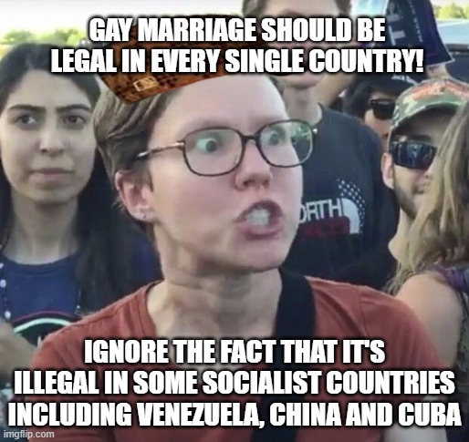 Triggered feminist | GAY MARRIAGE SHOULD BE LEGAL IN EVERY SINGLE COUNTRY! IGNORE THE FACT THAT IT'S ILLEGAL IN SOME SOCIALIST COUNTRIES INCLUDING VENEZUELA, CHINA AND CUBA | image tagged in triggered feminist,socialism,gay marriage,communism,feminist rage,hypocrisy | made w/ Imgflip meme maker