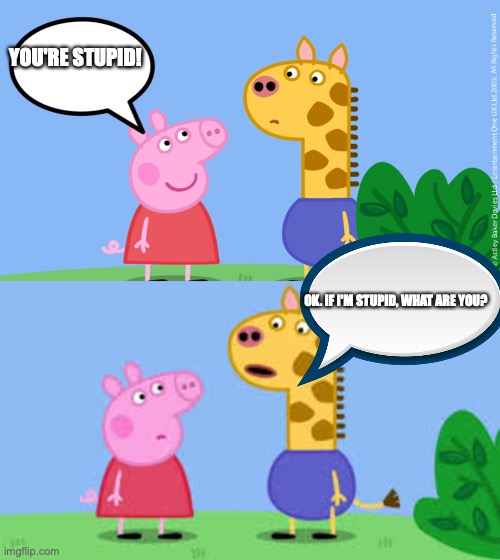 roasted Peppa lol | YOU'RE STUPID! OK. IF I'M STUPID, WHAT ARE YOU? | image tagged in peppa pig,roasted,funny memes | made w/ Imgflip meme maker