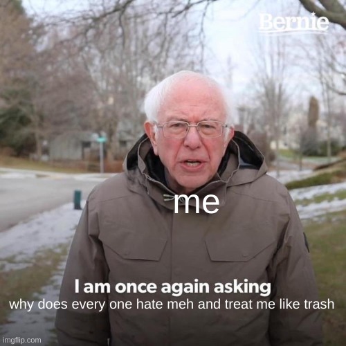 Bernie I Am Once Again Asking For Your Support Meme | me; why does every one hate meh and treat me like trash | image tagged in memes,bernie i am once again asking for your support | made w/ Imgflip meme maker