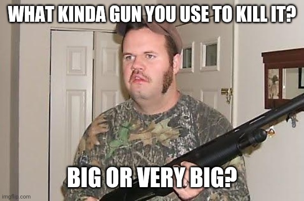 Redneck wonder | WHAT KINDA GUN YOU USE TO KILL IT? BIG OR VERY BIG? | image tagged in redneck wonder | made w/ Imgflip meme maker