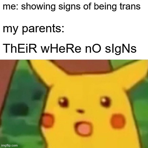Surprised Pikachu Meme | me: showing signs of being trans; my parents:; ThEiR wHeRe nO sIgNs | image tagged in memes,surprised pikachu | made w/ Imgflip meme maker