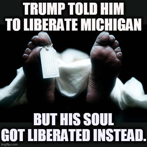 You can't liberate much from inside a freezer. | TRUMP TOLD HIM TO LIBERATE MICHIGAN; BUT HIS SOUL GOT LIBERATED INSTEAD. | image tagged in dead body corpse feet tag,trump,coronavirus,covid-19,incompetence,death | made w/ Imgflip meme maker