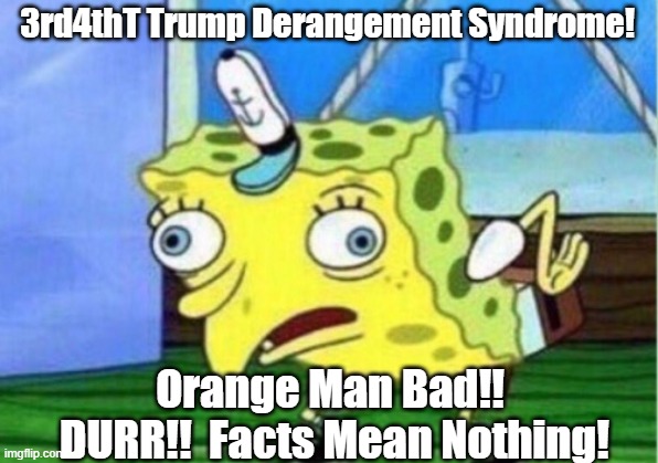 Mocking Spongebob Meme | 3rd4thT Trump Derangement Syndrome! Orange Man Bad!!  DURR!!  Facts Mean Nothing! | image tagged in memes,mocking spongebob | made w/ Imgflip meme maker