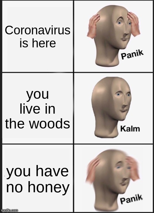 Panik Kalm Panik | Coronavirus is here; you live in the woods; you have no honey | image tagged in memes,panik kalm panik | made w/ Imgflip meme maker