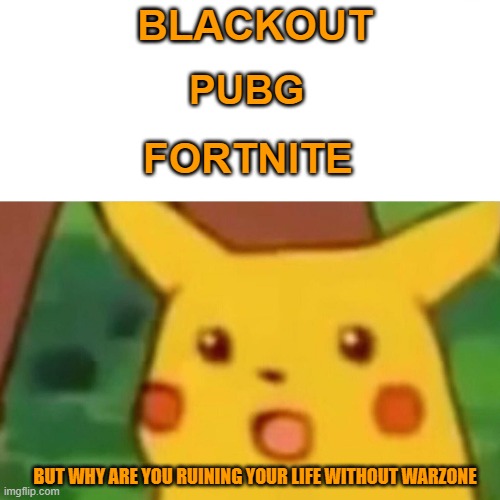 Surprised Pikachu Meme | BLACKOUT; PUBG; FORTNITE; BUT WHY ARE YOU RUINING YOUR LIFE WITHOUT WARZONE | image tagged in memes,surprised pikachu | made w/ Imgflip meme maker
