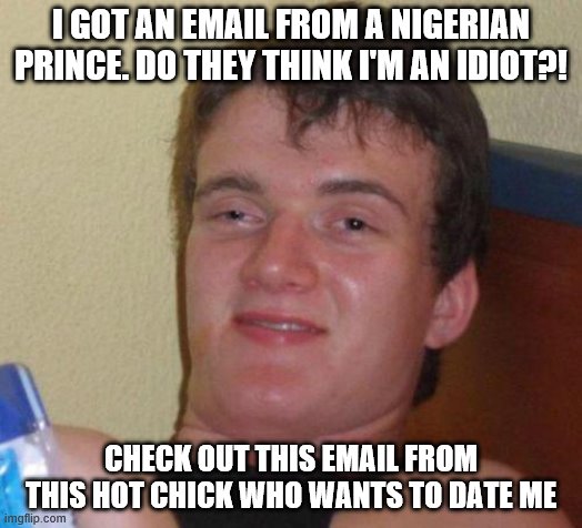 stoned guy | I GOT AN EMAIL FROM A NIGERIAN PRINCE. DO THEY THINK I'M AN IDIOT?! CHECK OUT THIS EMAIL FROM THIS HOT CHICK WHO WANTS TO DATE ME | image tagged in stoned guy | made w/ Imgflip meme maker