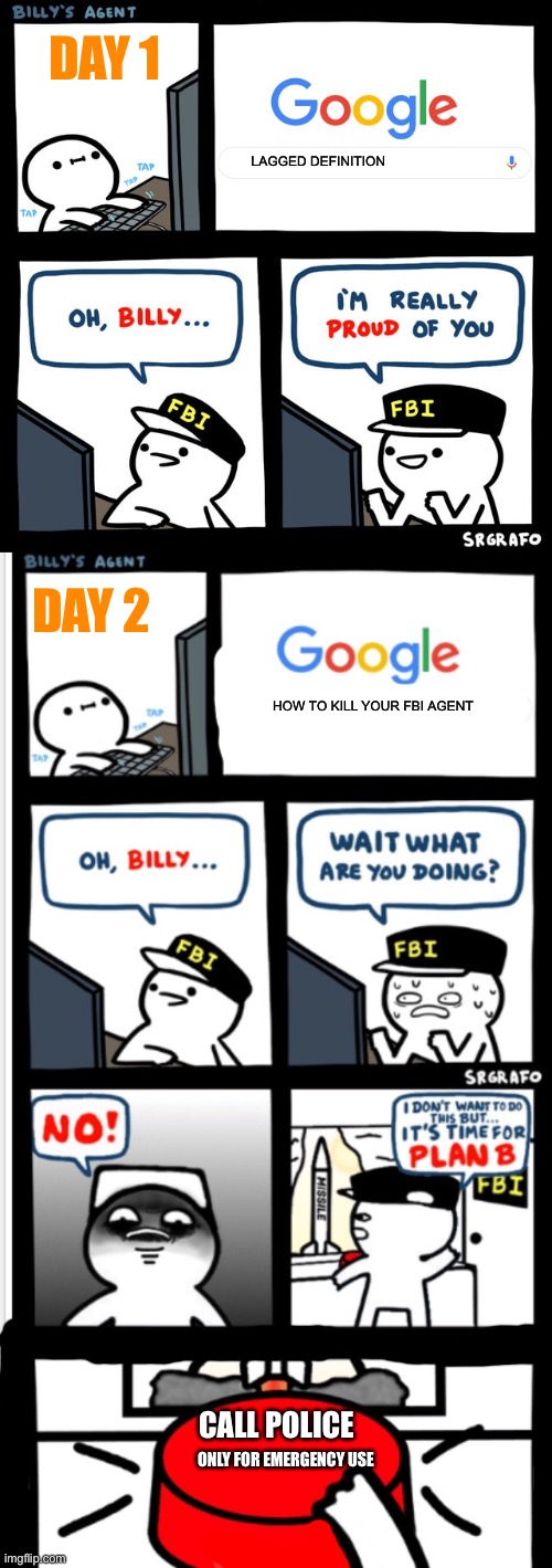 DAY 1; LAGGED DEFINITION; DAY 2; HOW TO KILL YOUR FBI AGENT; CALL POLICE; ONLY FOR EMERGENCY USE | image tagged in billy's fbi agent | made w/ Imgflip meme maker