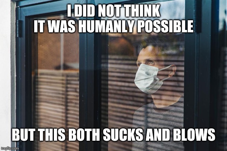 I DID NOT THINK IT WAS HUMANLY POSSIBLE; BUT THIS BOTH SUCKS AND BLOWS | image tagged in coronavirus,corona virus,first world problems,health | made w/ Imgflip meme maker