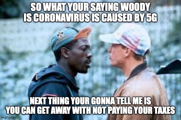 Woody 5G | SO WHAT YOUR SAYING WOODY IS CORONAVIRUS IS CAUSED BY 5G; NEXT THING YOUR GONNA TELL ME IS YOU CAN GET AWAY WITH NOT PAYING YOUR TAXES | image tagged in 5g,woody harrelson,westley snipes,coronavirus | made w/ Imgflip meme maker