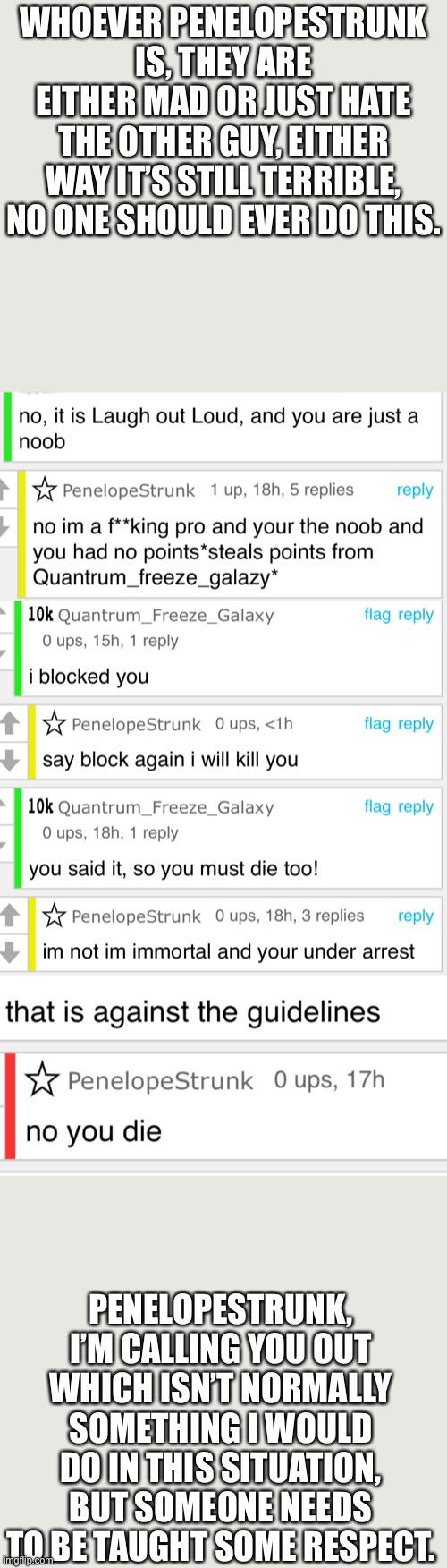 Bruh, we can not bully others please? | WHOEVER PENELOPESTRUNK IS, THEY ARE EITHER MAD OR JUST HATE THE OTHER GUY, EITHER WAY IT’S STILL TERRIBLE, NO ONE SHOULD EVER DO THIS. PENELOPESTRUNK, I’M CALLING YOU OUT WHICH ISN’T NORMALLY SOMETHING I WOULD DO IN THIS SITUATION, BUT SOMEONE NEEDS TO BE TAUGHT SOME RESPECT. | image tagged in bullying,cyberbullying,why,bruh moment | made w/ Imgflip meme maker