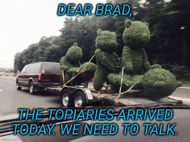 Tawdry Bears | DEAR BRAD, THE TOPIARIES ARRIVED TODAY. WE NEED TO TALK. | image tagged in tawdry,not teddy | made w/ Imgflip meme maker