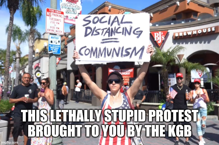 Stupid Huntington Beach COVID19 protest | THIS LETHALLY STUPID PROTEST
BROUGHT TO YOU BY THE KGB | image tagged in stupid huntington beach covid19 protest | made w/ Imgflip meme maker