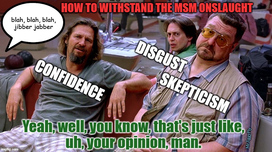 The Big Lebowski Dude, Donnie, Walter | HOW TO WITHSTAND THE MSM ONSLAUGHT; blah, blah, blah,
jibber jabber; DISGUST; CONFIDENCE; SKEPTICISM; Yeah, well, you know, that's just like,
uh, your opinion, man. Mr.JiggyFly | image tagged in the big lebowski dude donnie walter,msm lies,coronavirus,quarantine,freedom of speech,capitalism | made w/ Imgflip meme maker