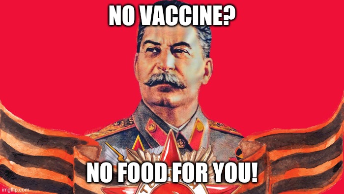 Vaccines |  NO VACCINE? NO FOOD FOR YOU! | image tagged in not funny | made w/ Imgflip meme maker