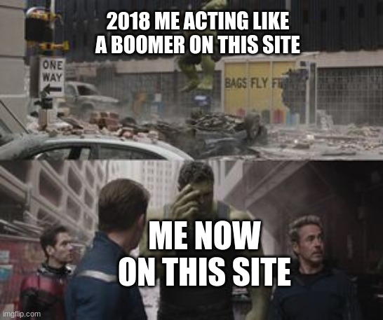 Regretful Hulk | 2018 ME ACTING LIKE A BOOMER ON THIS SITE; ME NOW ON THIS SITE | image tagged in regretful hulk | made w/ Imgflip meme maker