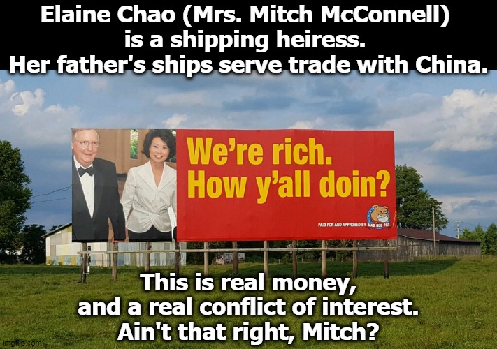 Elaine Chao is Sec'y of Transportation (which includes shipping). And her dad's company got a loan from U.S. taxpayers. | Elaine Chao (Mrs. Mitch McConnell) 
is a shipping heiress. 
Her father's ships serve trade with China. This is real money, and a real conflict of interest.
Ain't that right, Mitch? | image tagged in billboard outside berea kentucky mcconnell chao,mitch mcconnell,china,money,rich,wealth | made w/ Imgflip meme maker