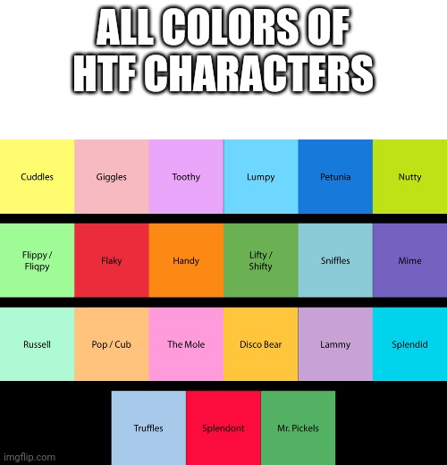 Colors of HTF! | ALL COLORS OF HTF CHARACTERS | image tagged in blank white template,happy tree friends,characters,colors | made w/ Imgflip meme maker
