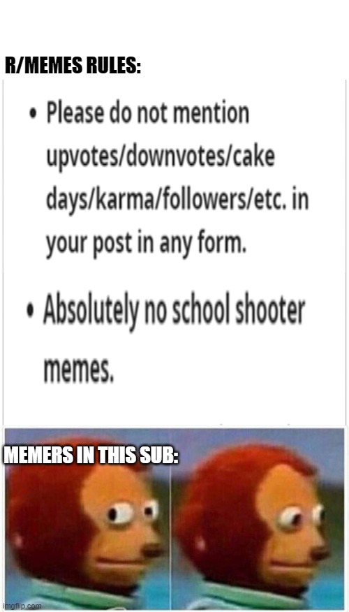 R/MEMES RULES:; MEMERS IN THIS SUB: | image tagged in memes,monkey puppet | made w/ Imgflip meme maker