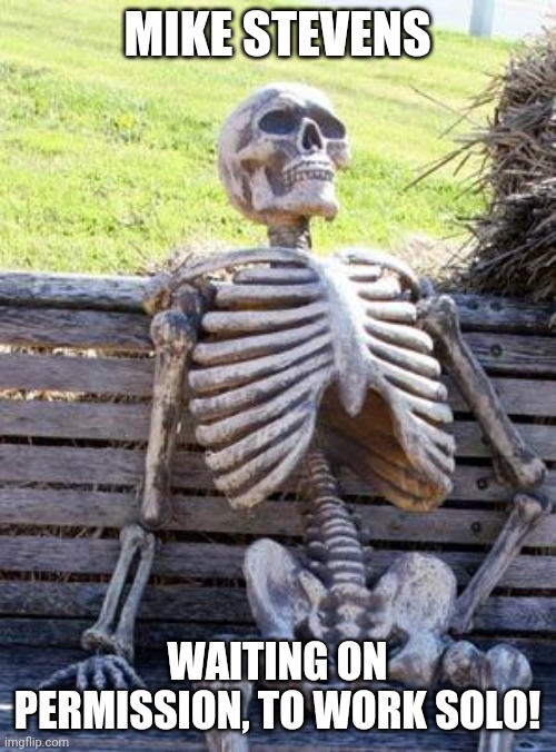 Waiting Skeleton | MIKE STEVENS; WAITING ON PERMISSION, TO WORK SOLO! | image tagged in memes,waiting skeleton | made w/ Imgflip meme maker