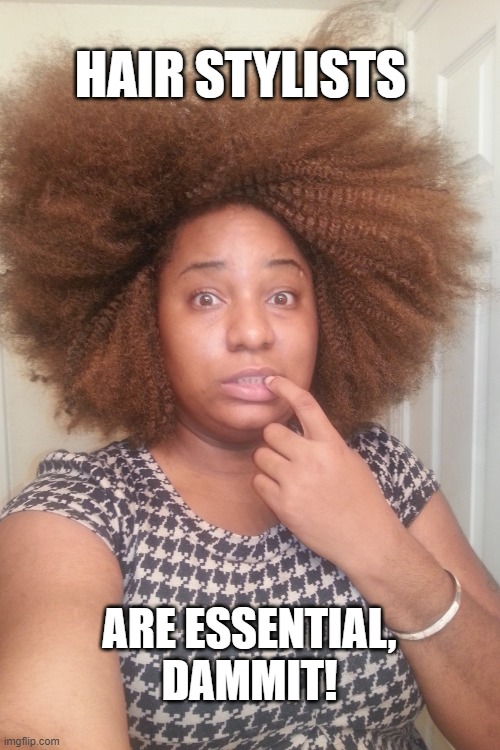 HAIR STYLISTS; ARE ESSENTIAL, DAMMIT! | image tagged in essential | made w/ Imgflip meme maker