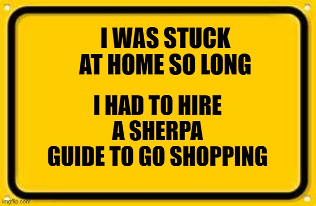 Blank Yellow Sign | I WAS STUCK AT HOME SO LONG; I HAD TO HIRE A SHERPA GUIDE TO GO SHOPPING | image tagged in memes,blank yellow sign | made w/ Imgflip meme maker