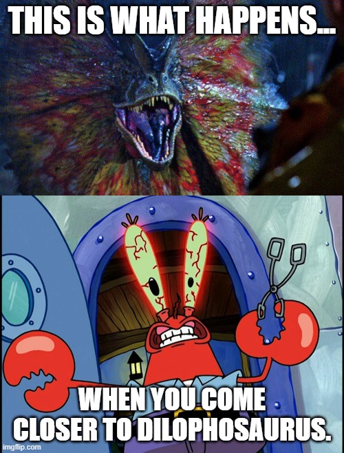 Mr. Krabs Meets Dilophosaurus | THIS IS WHAT HAPPENS... WHEN YOU COME CLOSER TO DILOPHOSAURUS. | image tagged in spongebob,mr krabs,dinosaur,jurassic park | made w/ Imgflip meme maker