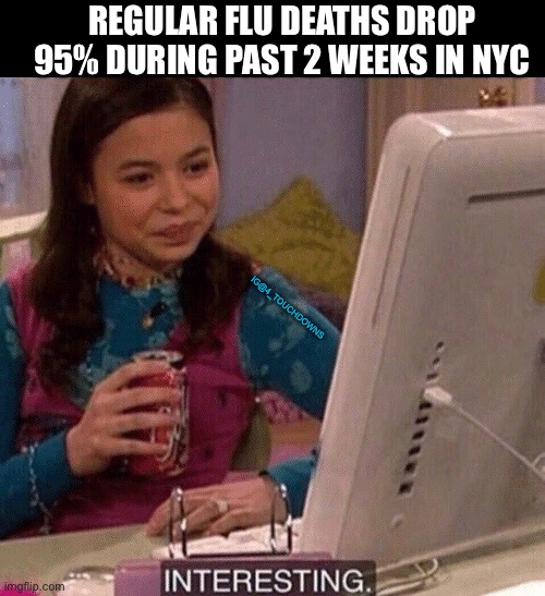 Things that make you go hmmm... | REGULAR FLU DEATHS DROP 95% DURING PAST 2 WEEKS IN NYC; IG@4_TOUCHDOWNS | image tagged in coronavirus,nyc | made w/ Imgflip meme maker