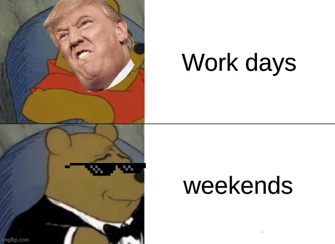 Weekends are the best | Work days; weekends | image tagged in memes,tuxedo winnie the pooh,work,weekend | made w/ Imgflip meme maker