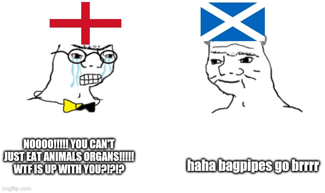 noooo you can't just | haha bagpipes go brrrr; NOOOO!!!!! YOU CAN'T JUST EAT ANIMALS ORGANS!!!!! WTF IS UP WITH YOU?!?!? | image tagged in noooo you can't just,scotland,england,uk,disgusting | made w/ Imgflip meme maker