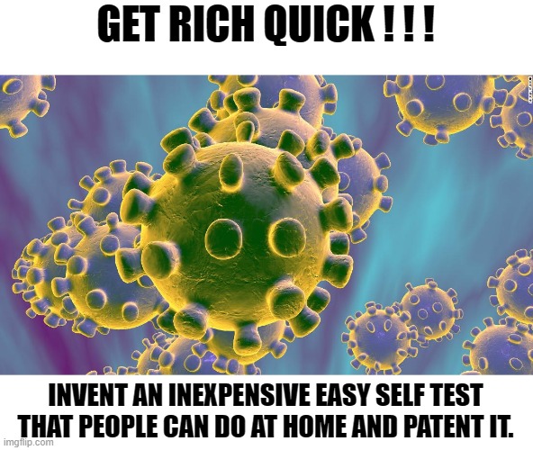 A self test for coronavirus would be awesome right about now | GET RICH QUICK ! ! ! INVENT AN INEXPENSIVE EASY SELF TEST THAT PEOPLE CAN DO AT HOME AND PATENT IT. | image tagged in coronavirus,virus test | made w/ Imgflip meme maker