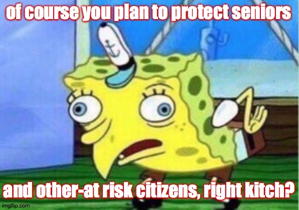 Mocking Spongebob Meme | of course you plan to protect seniors and other-at risk citizens, right kitch? | image tagged in memes,mocking spongebob | made w/ Imgflip meme maker