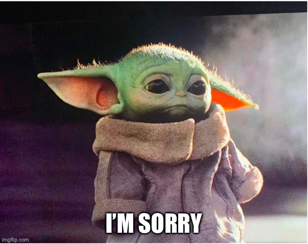 Sad Baby Yoda | I’M SORRY | image tagged in sad baby yoda | made w/ Imgflip meme maker