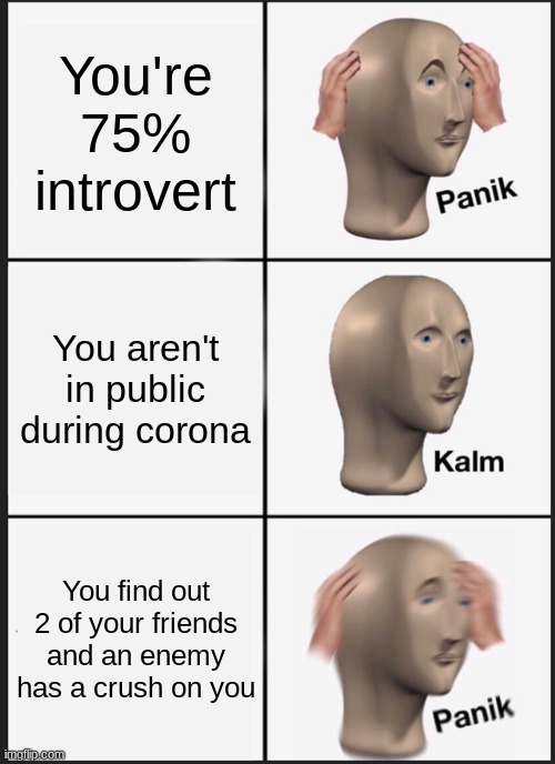 Panik Kalm Panik | You're 75% introvert; You aren't in public during corona; You find out 2 of your friends and an enemy has a crush on you | image tagged in memes,panik kalm panik | made w/ Imgflip meme maker