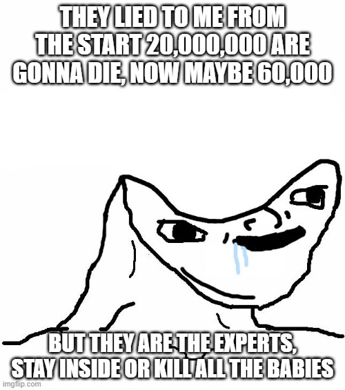 Retard wojak | THEY LIED TO ME FROM THE START 20,000,000 ARE GONNA DIE, NOW MAYBE 60,000; BUT THEY ARE THE EXPERTS, STAY INSIDE OR KILL ALL THE BABIES | image tagged in retard wojak | made w/ Imgflip meme maker
